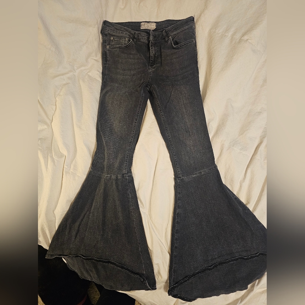 Free People size 27 black stretch denim, super high/low bell bottom